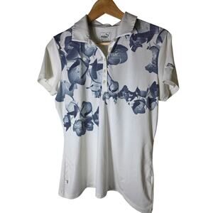 PUMA White Blue Floral Hawaii Active Golf Pickleball Sporty Casual Polo Top SZ M